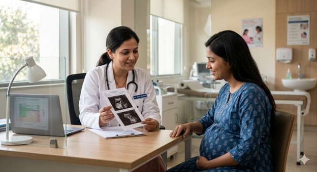 Doctor with stethoscope shows ultrasound images to a pregnant patient in a clinic, seated at a desk with medical documents and equipment nearby.