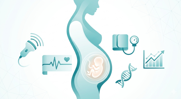 Stylized pregnant silhouette with a fetus and medical icons (heart monitor, ultrasound, blood pressure cuff, DNA strand, chart) representing prenatal care.